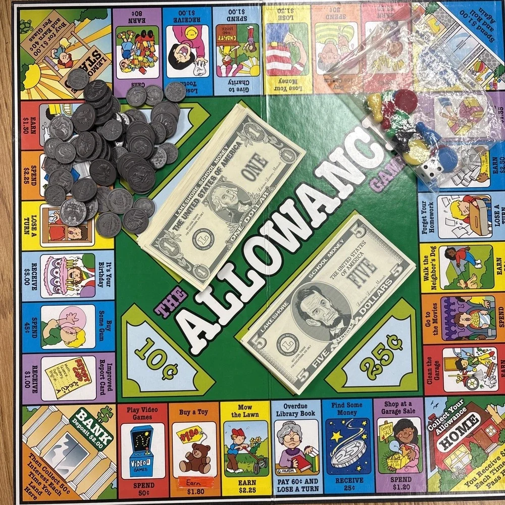 The Allowance Board Game First to Save $20 Wins 2 to 4 Players COMPLETE VTG 5+